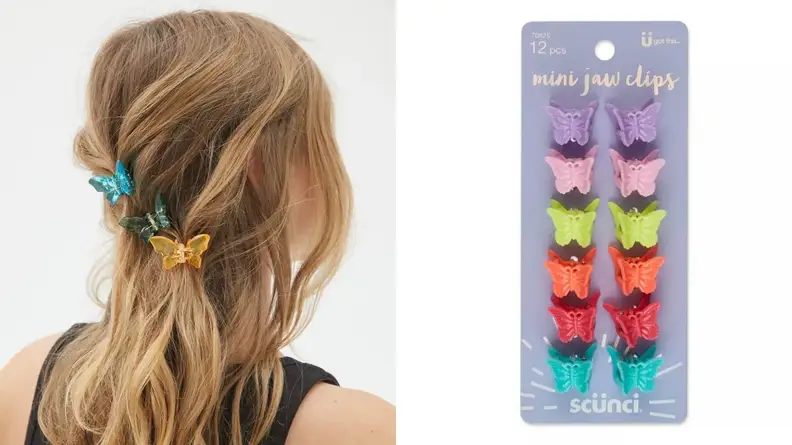 On the left: The back of a person's head with blonde hair wearing three butterfly clips. On the right: A colorful set of butterfly clips sitting on a white background.