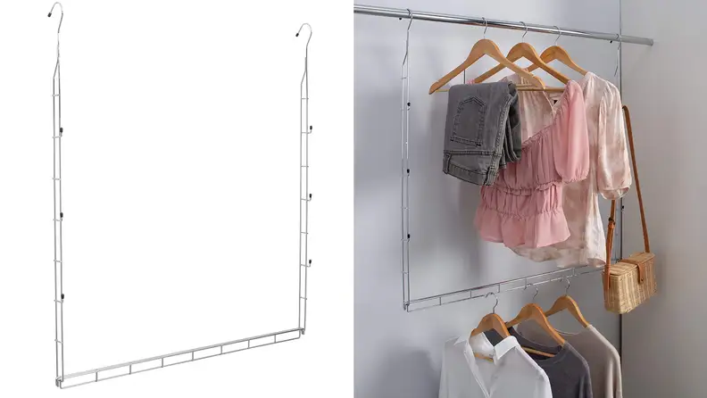 The Durable Chrome Closet Doubler adding a second shelf to hang clothes.