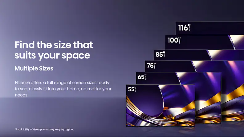 Hisense U7 TV lineup showing available screen sizes from 55 to 116 inches