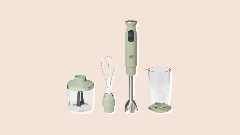 Product shot of assorted jade green immersion blender set from the Beautiful by Drew Barrymore Kitchen Appliance line.