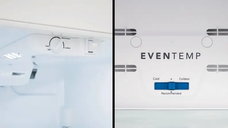 The two sets of controls in the Frigidaire FFHT1425VV: a dial for the fridge and a slider in the back of the freezer.