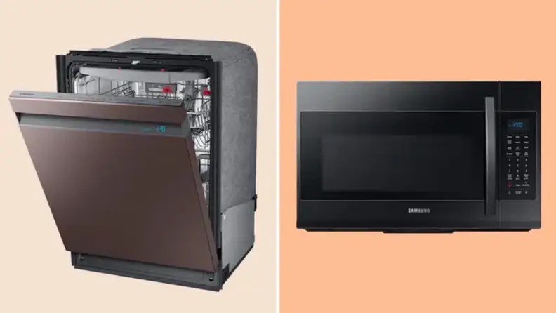 A dishwasher with the door half open on the left and a black microwave on the right.