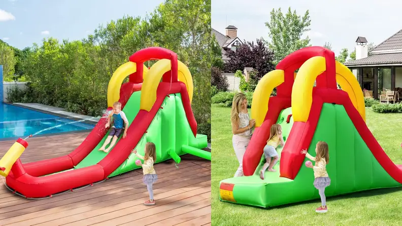 On left young boy sliding down Honey Joy inflatable slide and bouncer outdoors next to pool while young girl watches.