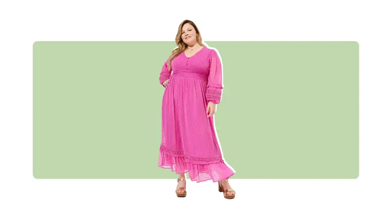 A pink chiffon maxi dress with a dot pattern.