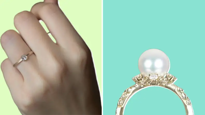 Collage of an engagement ring from Kataoka Jewelry shown worn on a finger and against a turquoise background.
