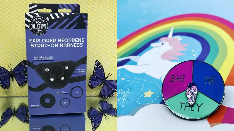 A strap-on harness and a pin for pronouns.