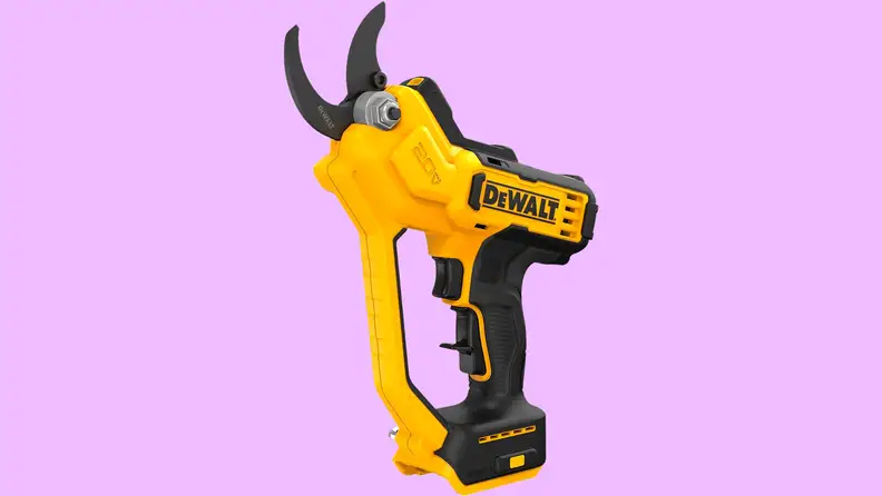 A close-up of the DCPR320B Dewalt pruner, floating above a purple background.
