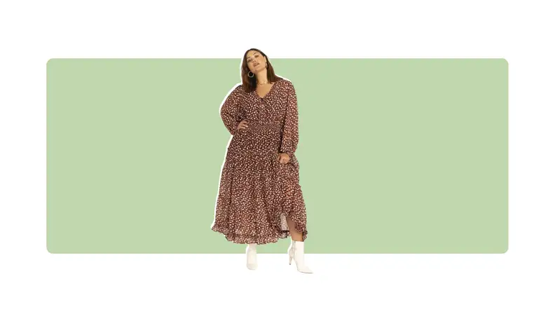 A flowy full-length dress with a dot print.
