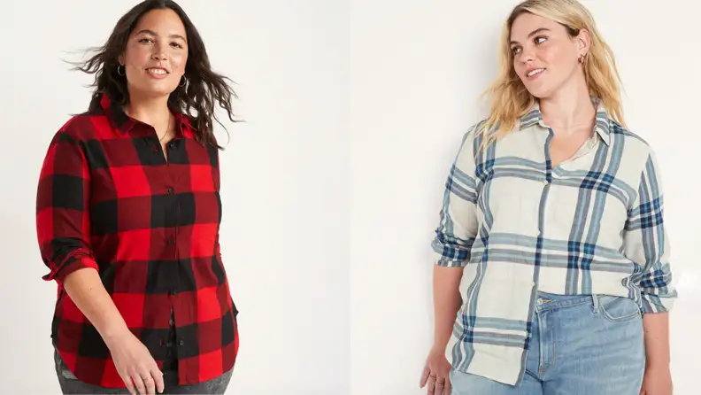 Two models wear red and blue flannel shirts.