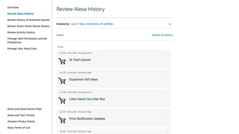 A screenshot of the Review Alexa History page on Amazon.com, showing recent shopping queries including Litter Genie Cat Litter Box and Equestrian Gift Ideas.