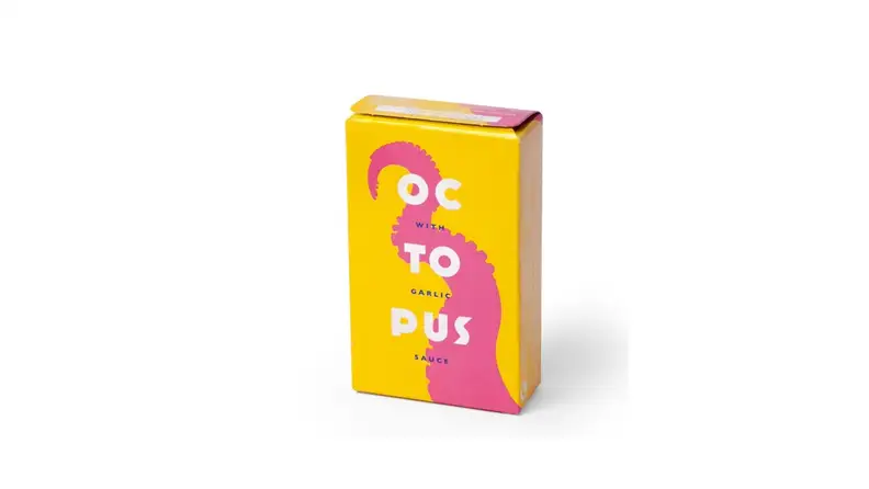 A bright yellow package of tinned octopus against a white background.