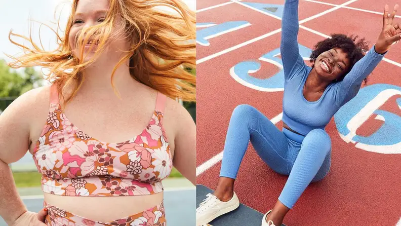 Two people wear pink and blue activewear from Aerie.