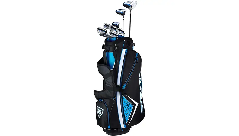 Glob clubs in blue/black bag on white background.