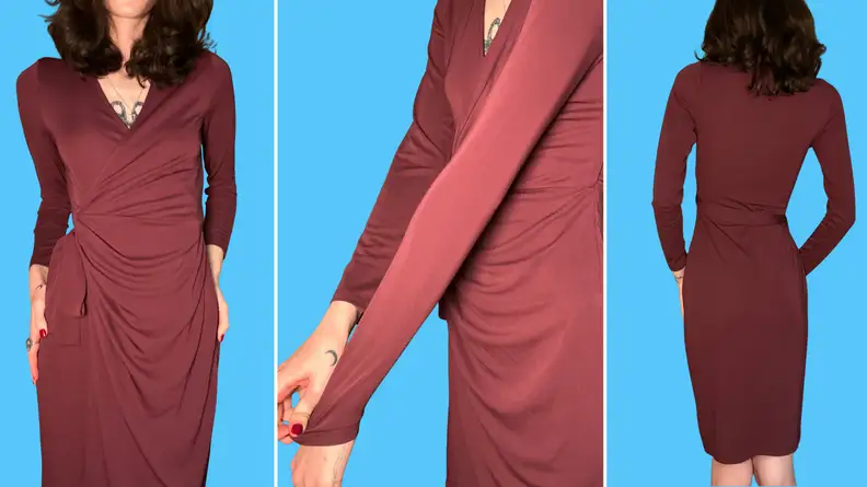 Three images of a woman wearing a brown wrap dress, pasted on a blue background.