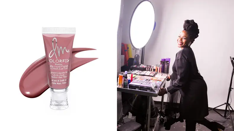 On the left: A tube of pink cream. On the right: Danessa Myricks leaning up against a makeup vanity.