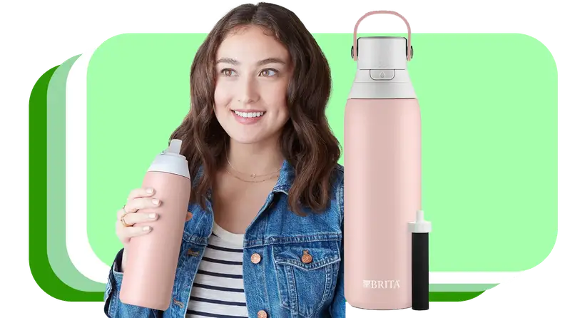 Person smiling while holding pink Brita reusable water bottle next to product shot of the pink Brita BB11 and slim, black filter.