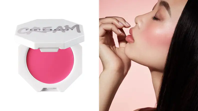 On the left: The Fenty Beauty Cheeks Out Freestyle Cream Blush white compact open to reveal a hot pink shade. On the right: A person's profile wearing the bright pink blush on their cheeks.