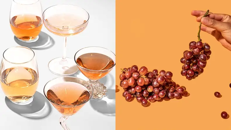 On left, a photo of orange and pink wines in various glass shapes on a white background. On right, a hand holding a bunch of grapes while another bunch lies next to it on orange background.