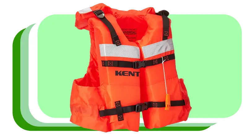 Orange and white life vest with straps closed together.