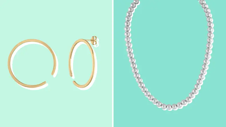 Collage of a pair of gold hoop earrings and a silver necklace sold at Maison Miru