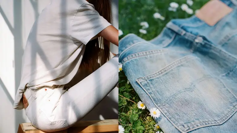 woman wearing white denim jeans, jeans lying in grass