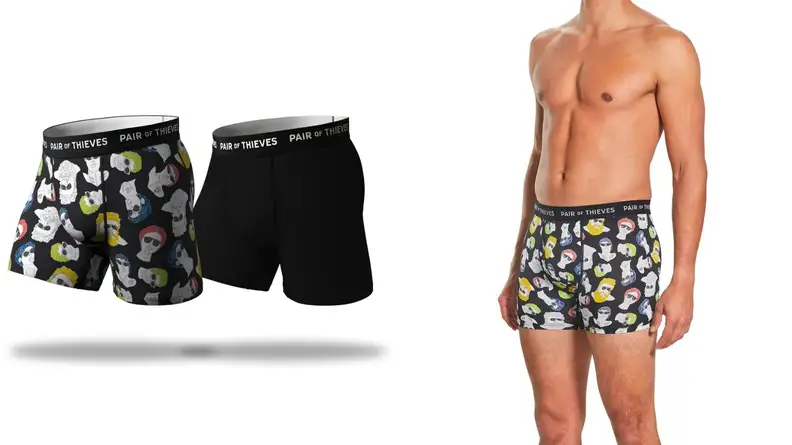 Pair of Thieves boxer briefs, man standing in boxer briefs.