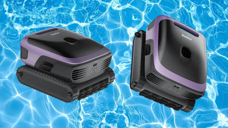 A robot pool vacuum floats in crystal clear pool water showing two different angles of the machine