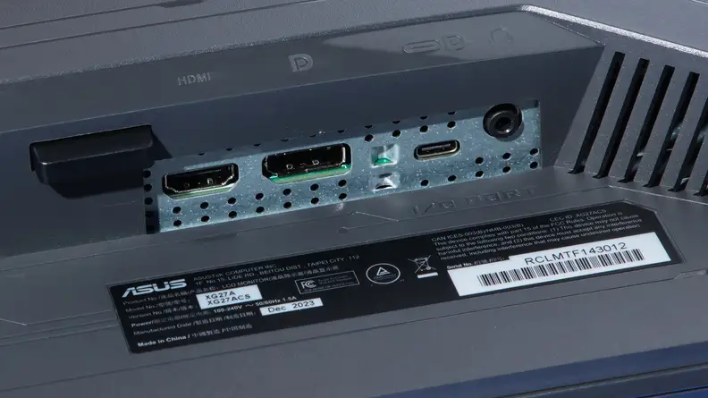 Underside view of the Asus ROG Strix XG27ACS showing the HDMI, displayport, and usb-c ports