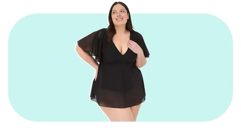 A black swim dress with flutter sleeves.