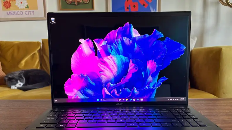 The Acer Swift Edge 16 with a colorful display in the monitor.