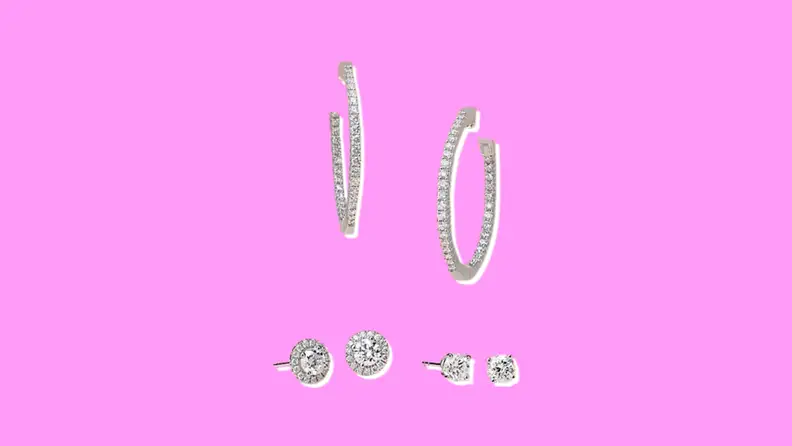 Blue Nile Diamond Earrings on a pink background.