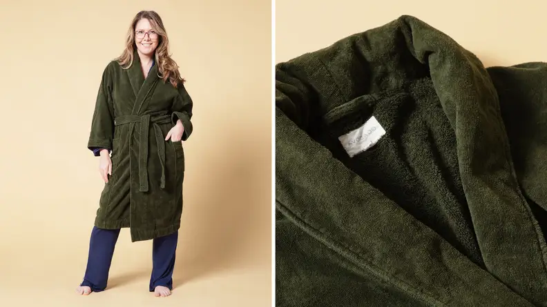 A woman in a French Terry Robe and a close up of the Robe.