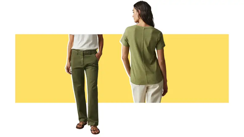A model wearing green pants and a model wearing a green T-shirt.