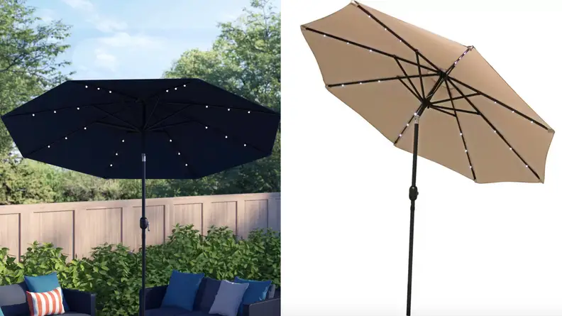 A navy blue canopy umbrella in use over a patio table, and a tan canopy umbrella against a white background, both among the best modern outdoor lighting ideas.