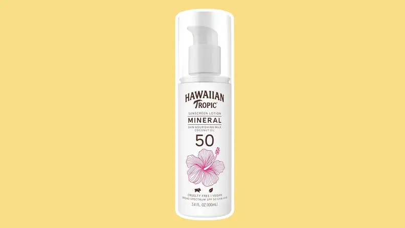 Hawaiian Tropic Mineral Sun Milk Body Lotion SPF 50 on a yellow background.