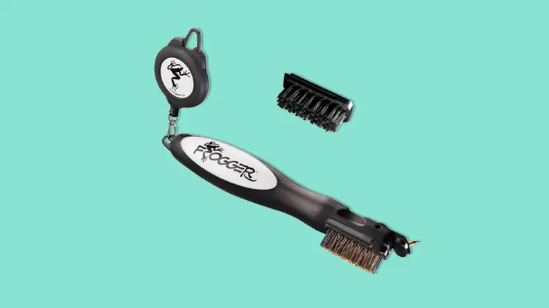 Frogger Golf BrushPro Retractable Dual-Bristle Club Brush/Groove Cleaner on a teal background.