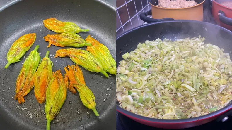 On left, squash blossoms sautéing in skillet pan. On right, assorted thinly sliced vegetables cooking inside of pan.