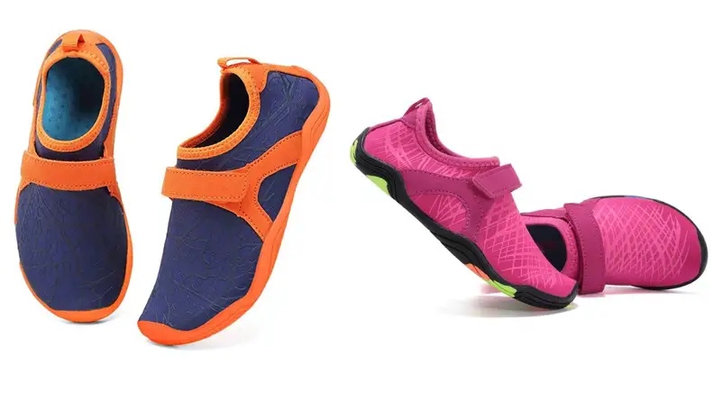 Two pairs of breathable water shoes in orange and pink