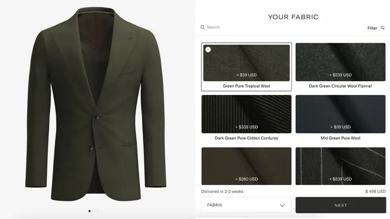 A screenshot of Suitsupply's Custom Made fabric sampling and jacket.
