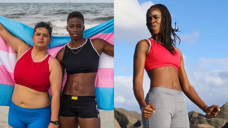 Three humans, including two standing in front of the trans pride flag, posing in Outplay swimwear.