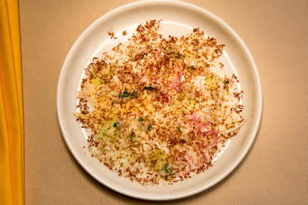 The panna cotta includes left over rice from saké fermentation barrels.