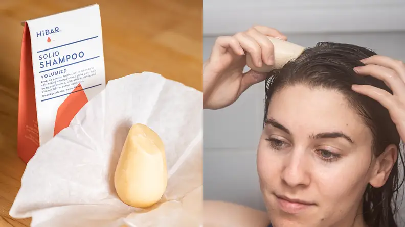 On the left: A shampoo bar in its packaging. On the right: A person using a shampoo bar on their hair.