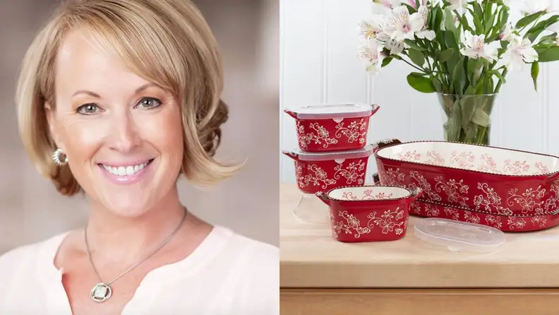 On left, photo of Tara McConnell. On right, five pieces of red Temp-tations bakware on wooden countertop.