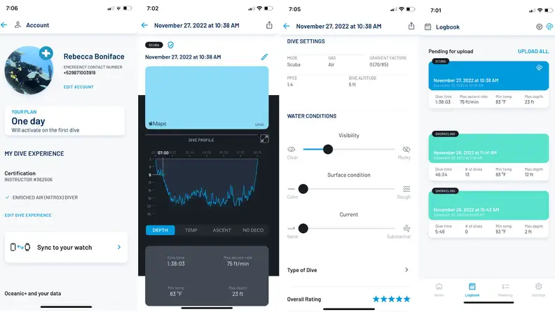 Data produced by the Oceanic+ App, as seen on an iPhone XR
