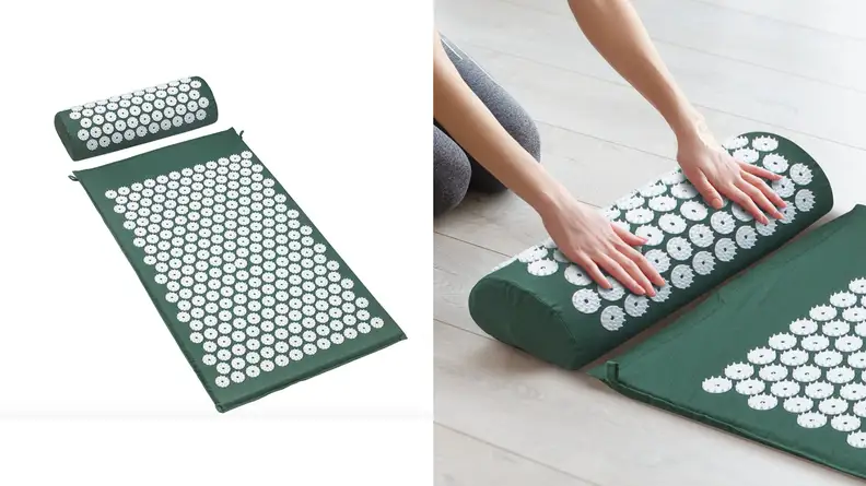 A split image of an acupressure mat,  including one against a white background and another in use, unrolled by a human's hands.
