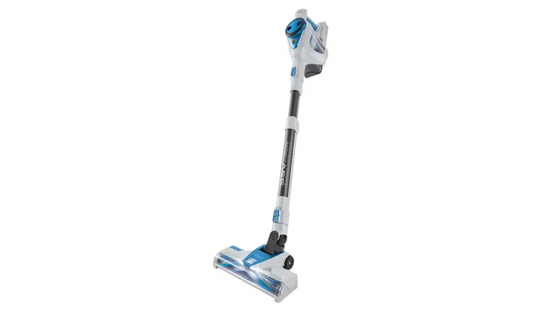A blue and white Kenmore cordless stick vacuum standing upright on a white background.