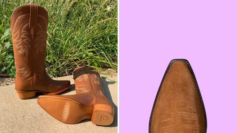 Brown cowboy boots on a sidewalk on the left side, and a close-up of a suede toe-cap on a cowboy boot on the right.