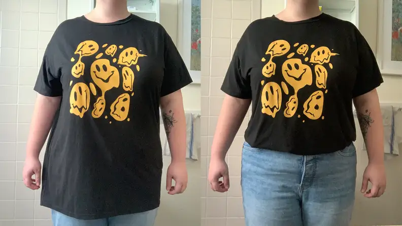 Photo collage of a person wearing a black and yellow tucked and untucked graphic t-shirt with jeans.
