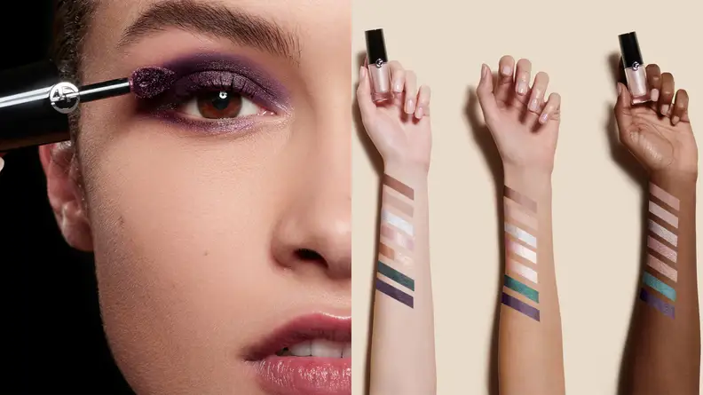 On the left: A closeup of a person's right eye with a purple eyeshadow on their eye and a makeup brush against their eyelid. On the right: Three arms of different skin tones showing off swatches of the Armani Beauty Eye Tint Long-Lasting Liquid Eyeshadows in different colors.