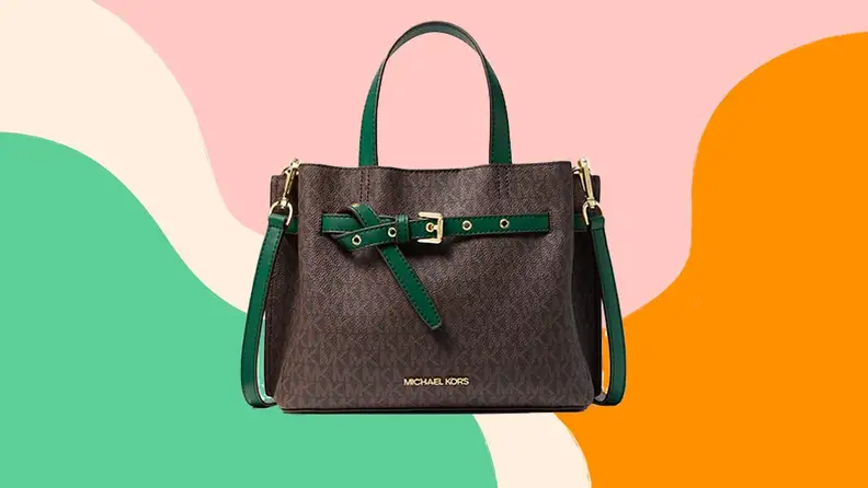 A green Michael Kors handbag against a colorful background.